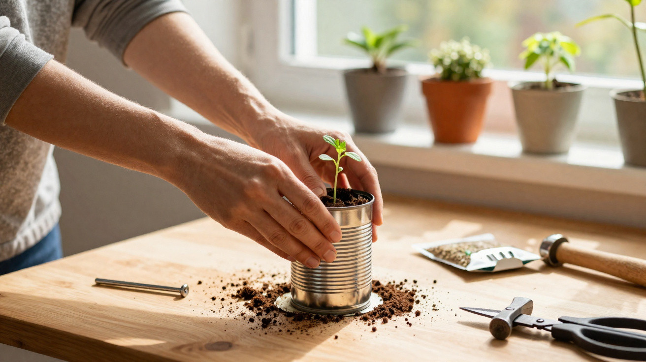 Hands planting a small seedling in a repurposed tin can on a wooden table with gardening tools nearby.