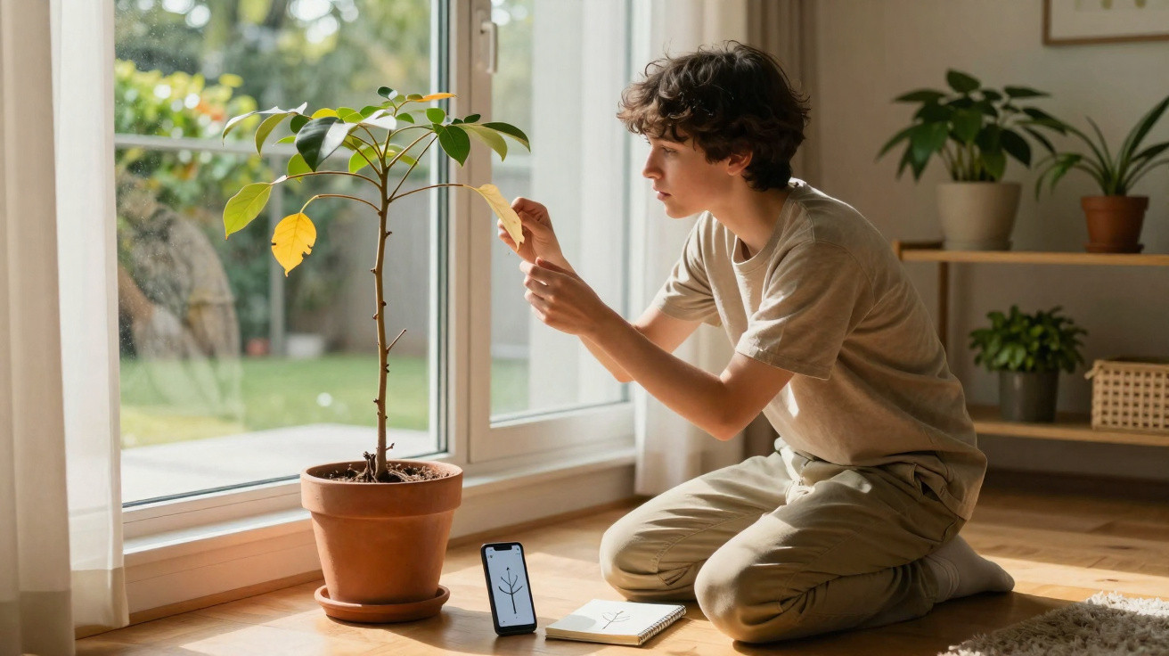 Teen boy kneeling by a potted plant indoors, inspecting and removing a yellow leaf near a window.