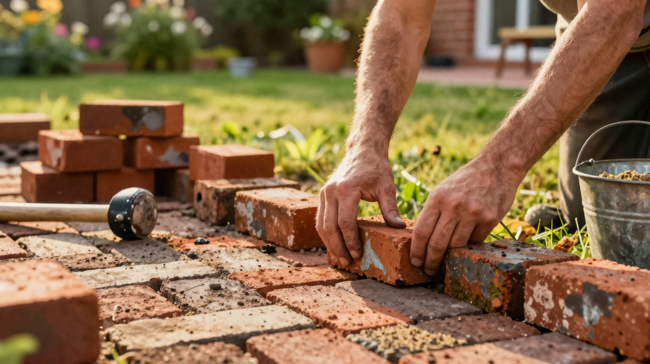 Person laying red bricks to build a pathway in a garden with a rubber mallet and a bucket nearby.