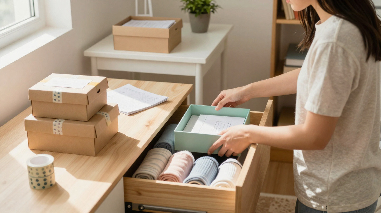 Person organising clothes and boxes in a well-lit room with wooden furniture and a plant on a table.
