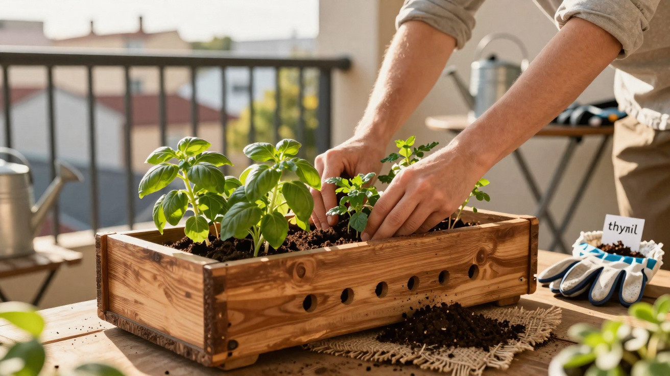 Person planting herbs in a wooden planter box on a sunlit balcony garden table.
