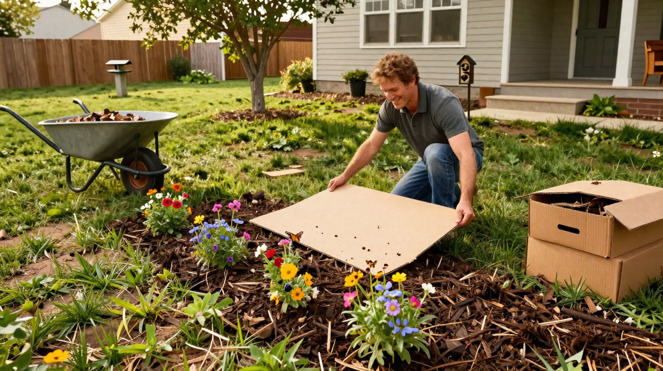 Man placing a cardboard sheet over a garden bed with colourful flowers in a backyard.