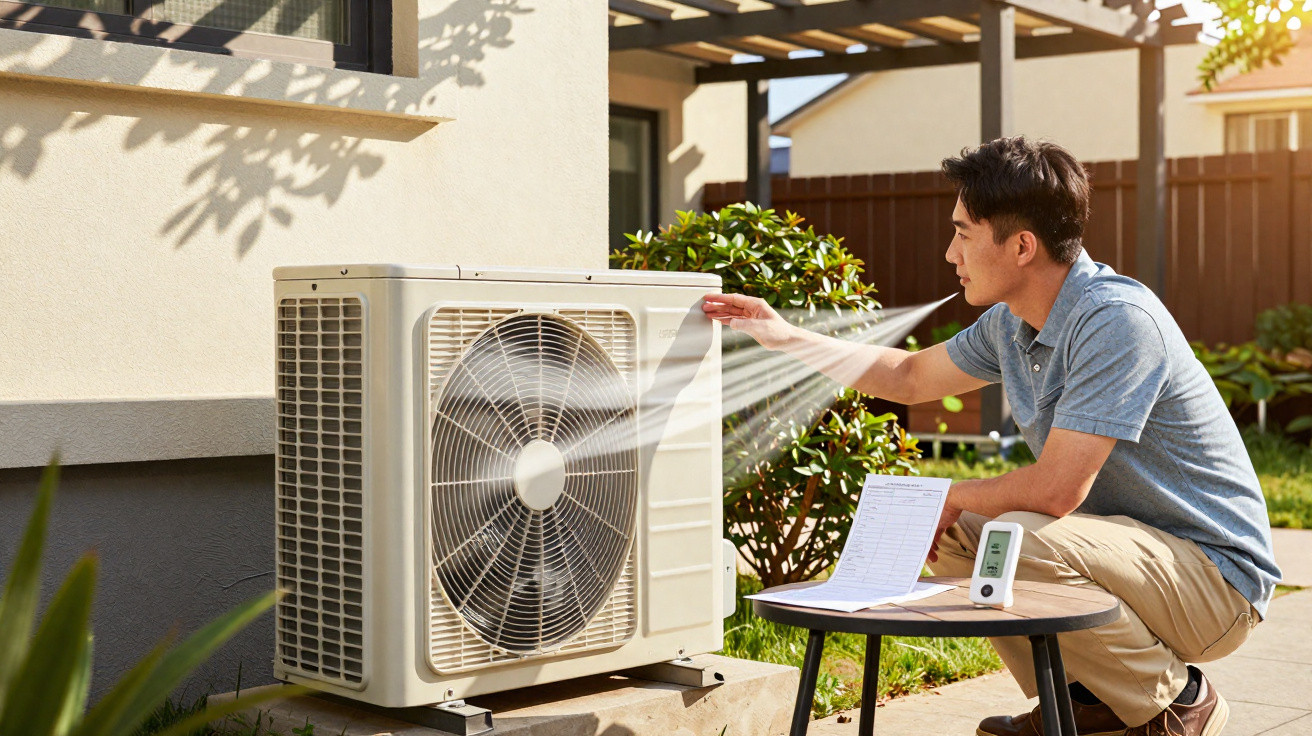 Technician testing airflow from an outdoor air conditioning unit in a sunny garden setting.
