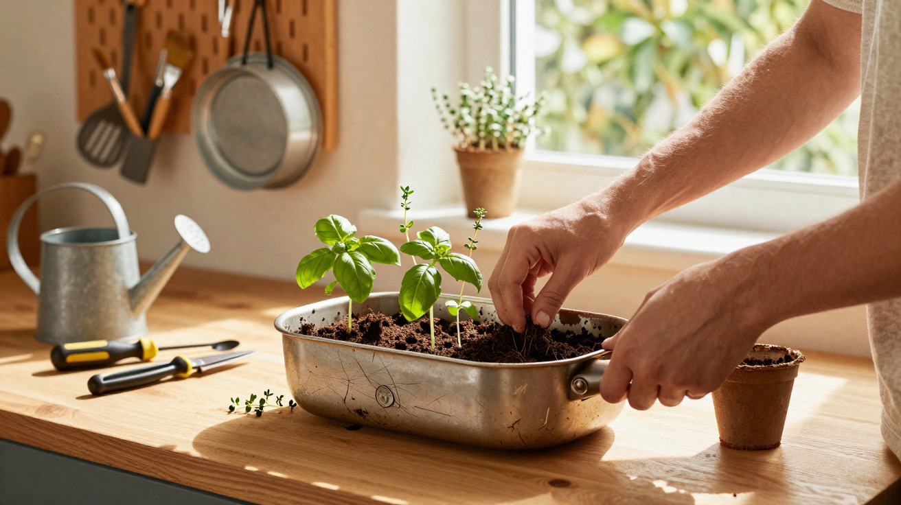 Person planting herbs in a metal tray on a kitchen countertop next to gardening tools and a watering can.
