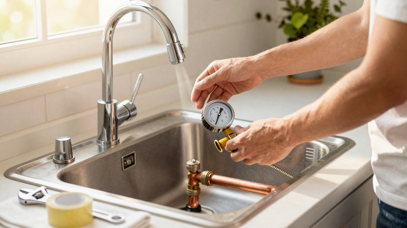 Person checking water pressure gauge attached to copper pipe in a kitchen sink with tools nearby