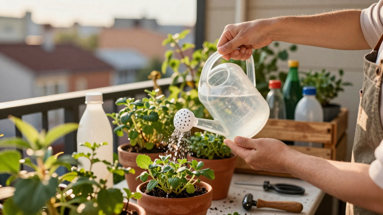 Person watering green plants in terracotta pots on a balcony with a clear plastic watering can.