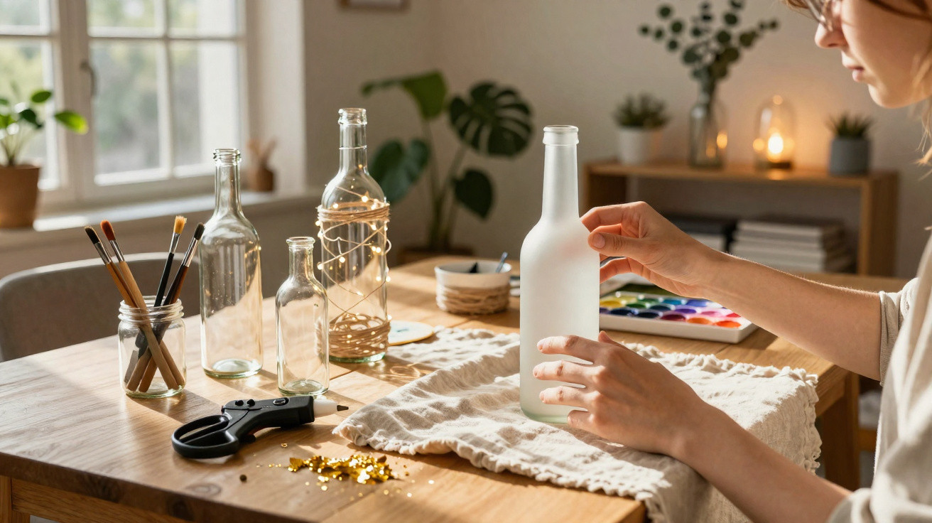Person decorating an empty frosted glass bottle on a wooden table with paintbrushes and crafting tools nearby.
