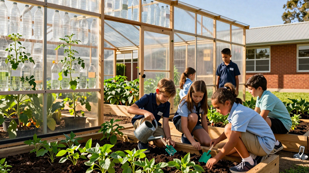 Children planting and watering seedlings in a greenhouse garden bed on a sunny day.