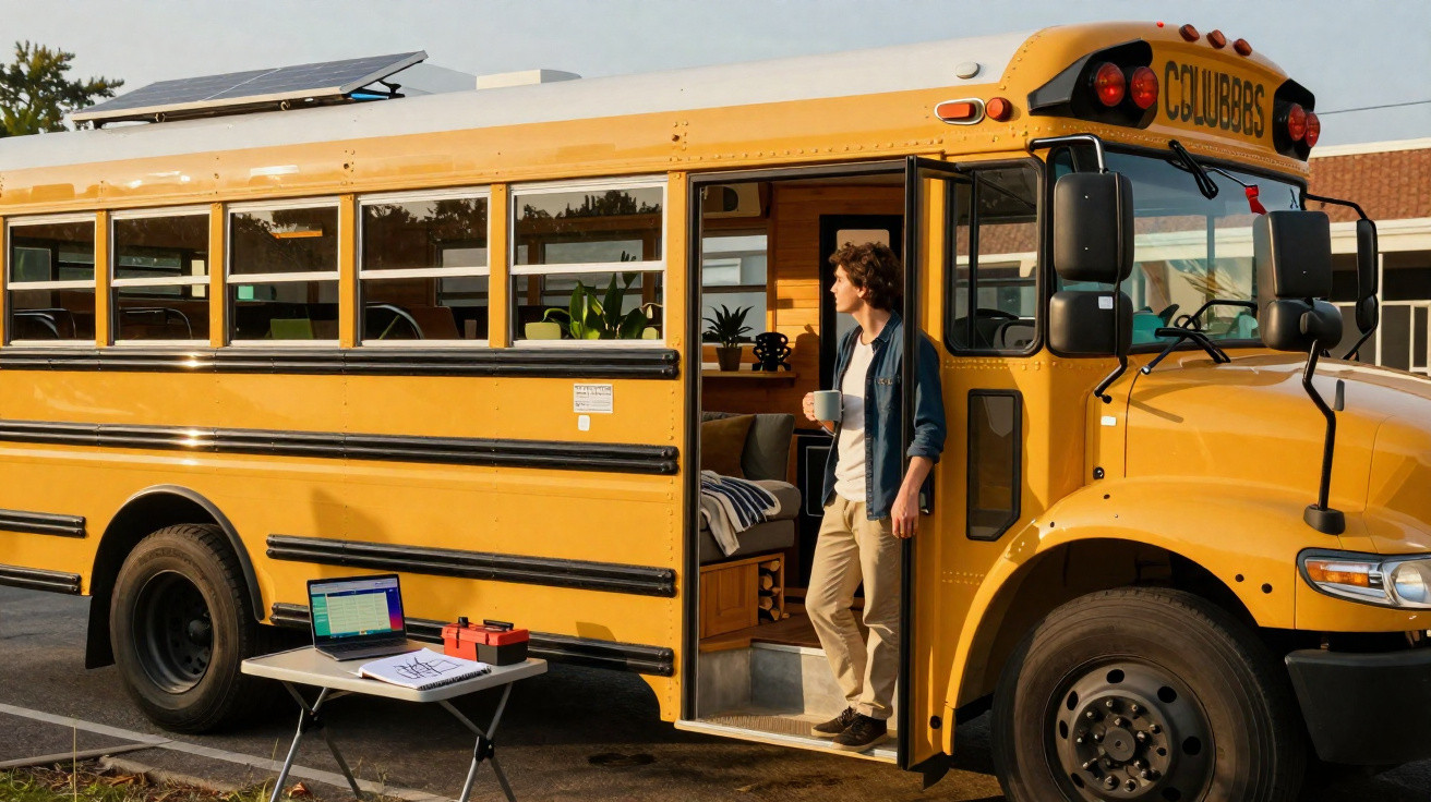 Yellow converted school bus with open door and a man holding a mug standing inside near a parked table with a laptop.