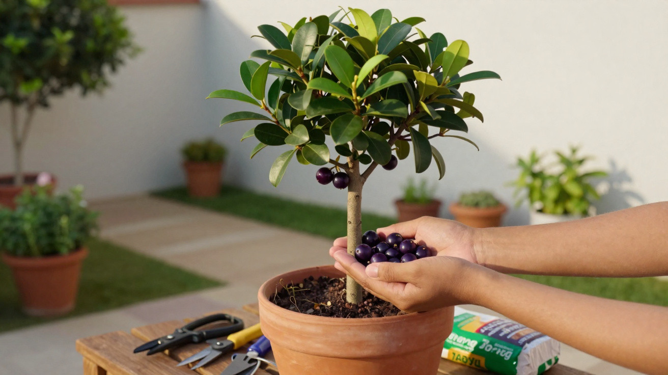 Hands holding ripe purple fruits picked from a small potted tree on a wooden table outdoors.