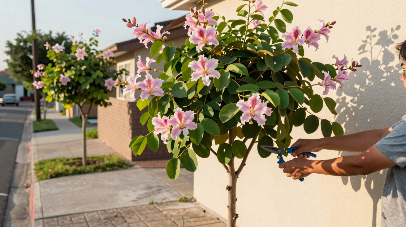 Person pruning a small tree with pink flowers on a suburban sidewalk in sunlight.