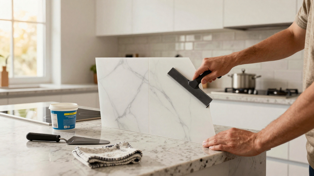 Person cleaning white marble-effect kitchen tiles on a marble countertop with a squeegee.
