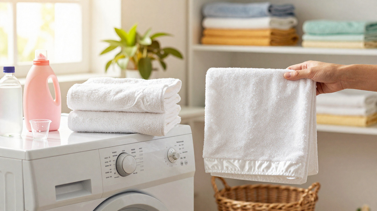 Hand holding a clean white towel next to a washing machine with folded towels and laundry supplies nearby.