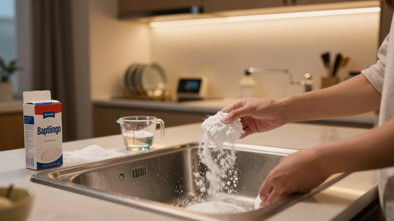Person adding soap powder into a kitchen sink with a carton of soap and measuring cup nearby.