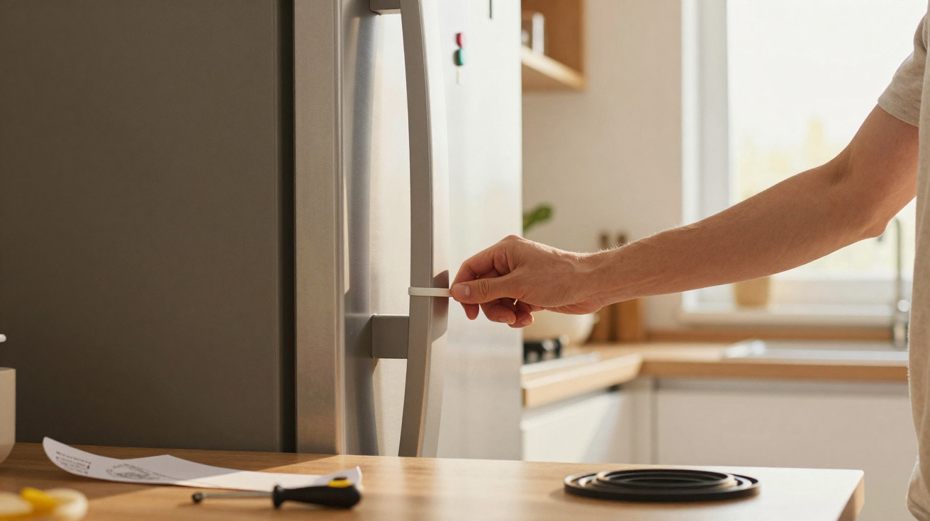 Person opening a modern silver fridge in a bright kitchen with tools on the wooden counter.
