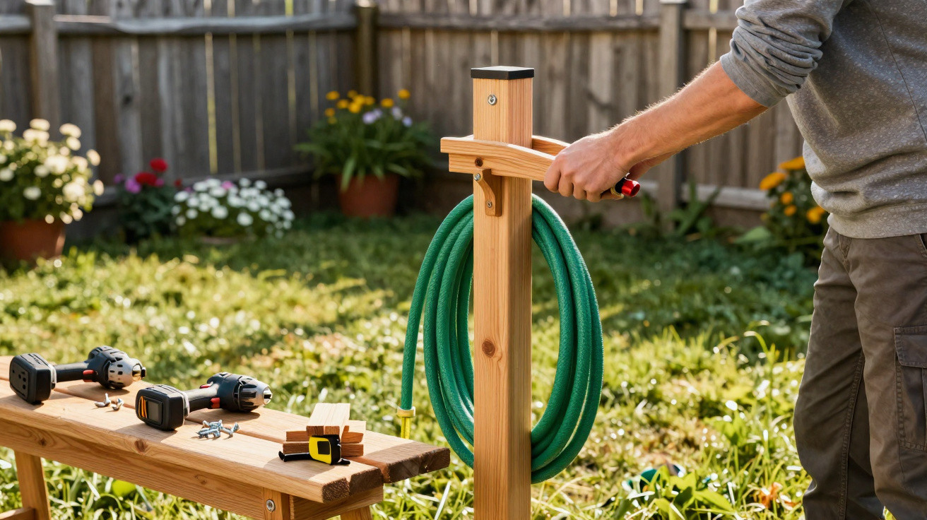Person assembling wooden garden hose holder with tools on a bench in a grassy backyard.