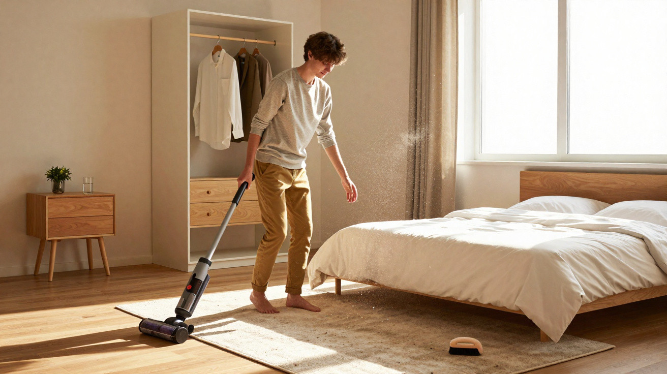 Young man vacuuming carpet in sunlit, minimalist bedroom with wooden furniture and neutral tones.