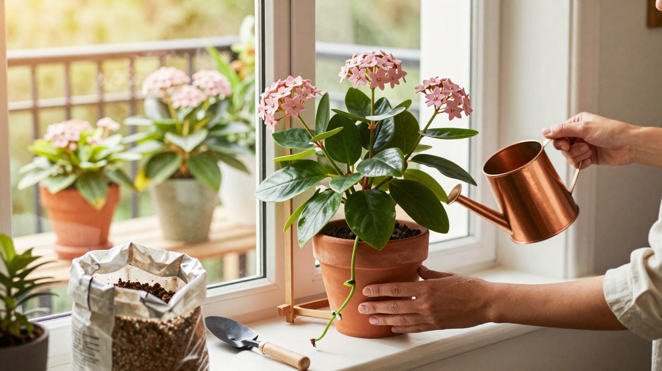 Hands watering a pink flowering houseplant on a sunny windowsill with gardening tools nearby.