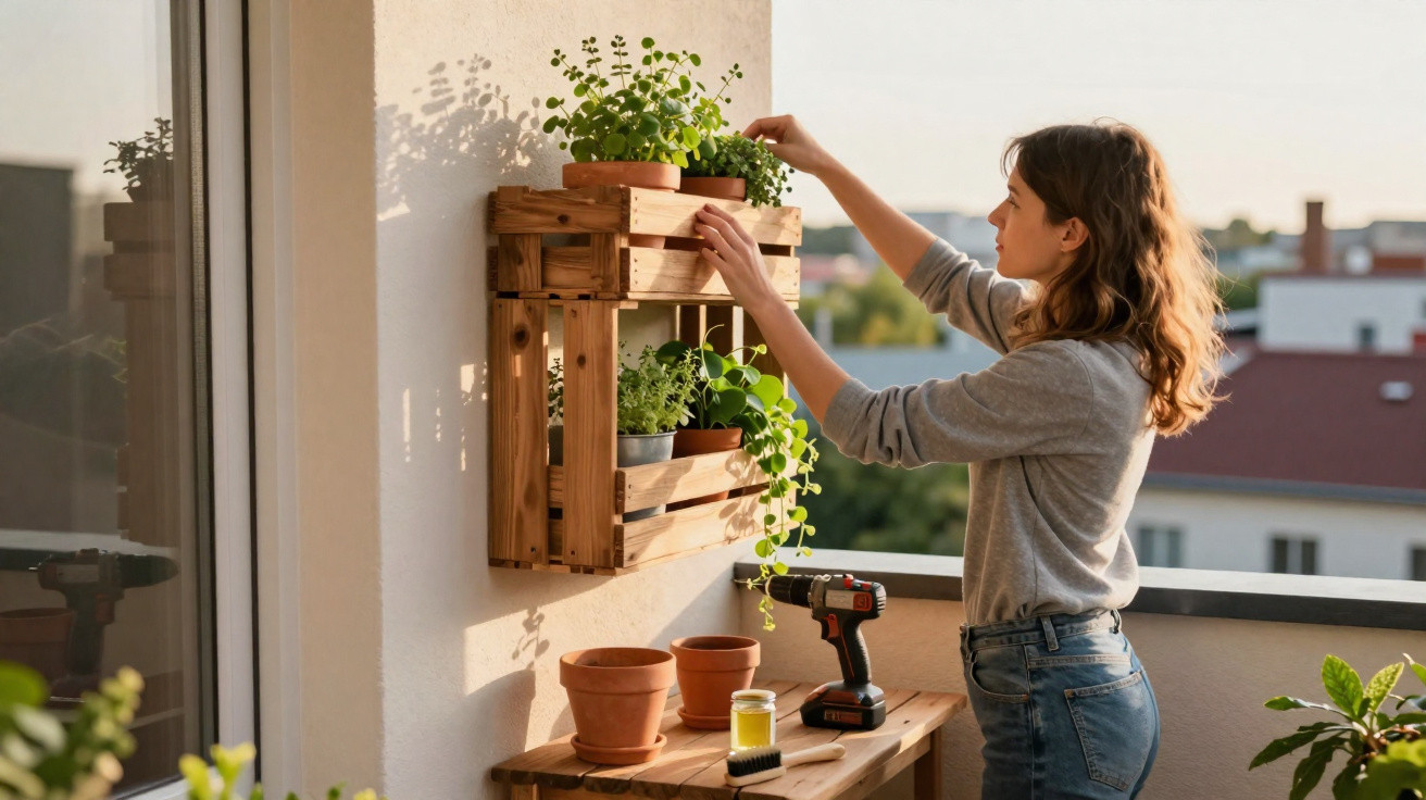 Woman tending to potted plants on a wooden wall-mounted shelf on a balcony during daylight.