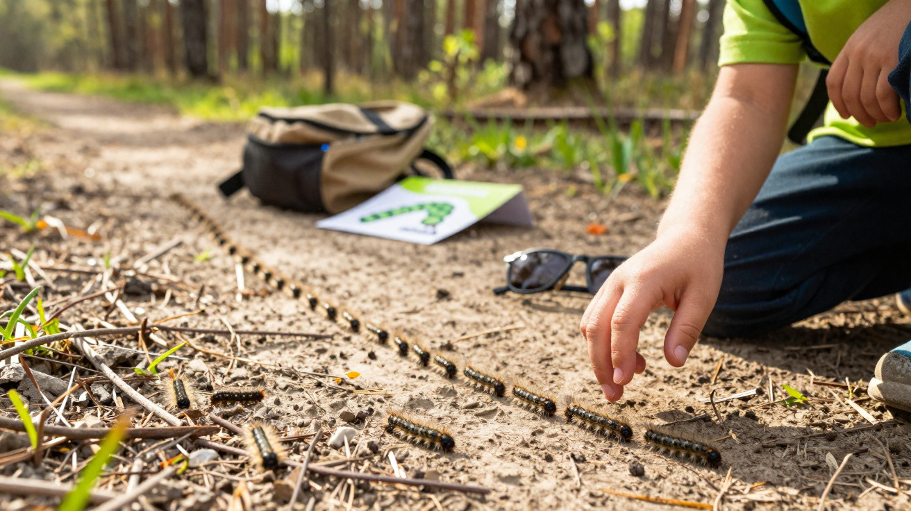 Child touching a line of caterpillars on a forest path with backpack, sunglasses, and drawing in the background.