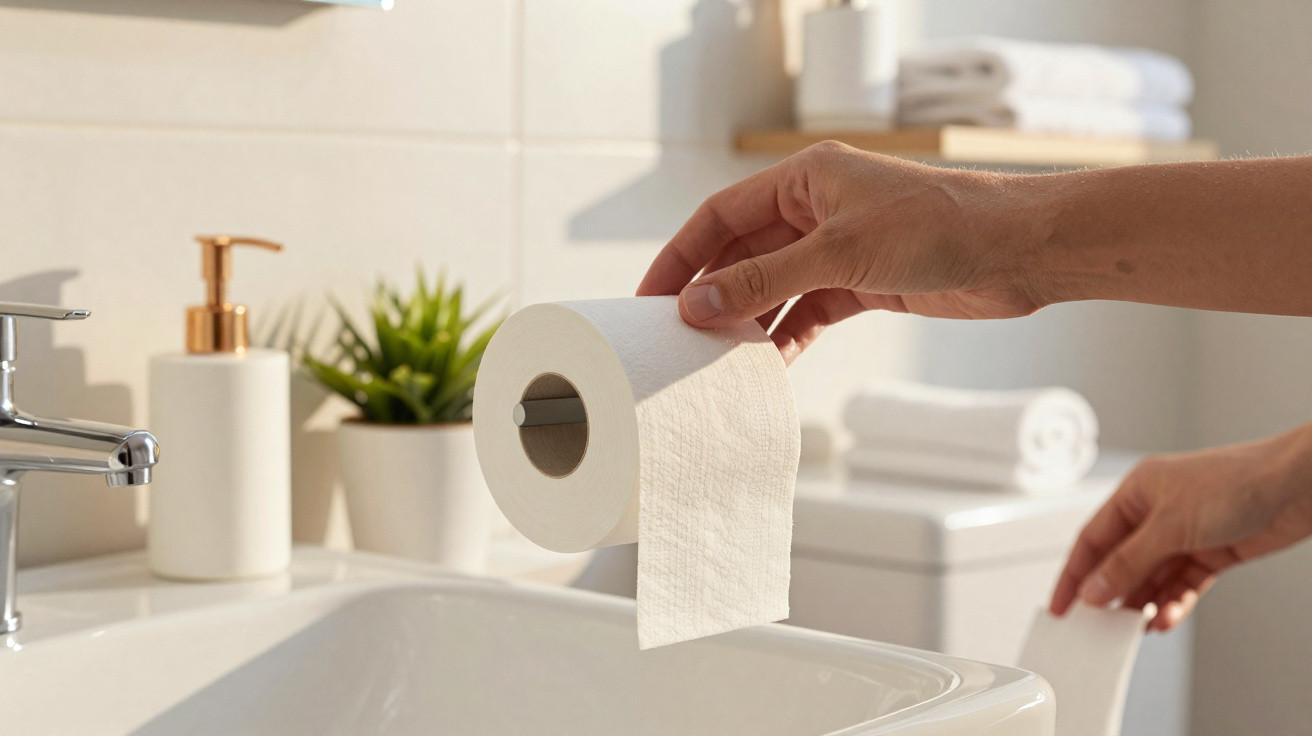 Hands holding a roll of toilet paper above a bathroom sink with towels and a plant in the background.