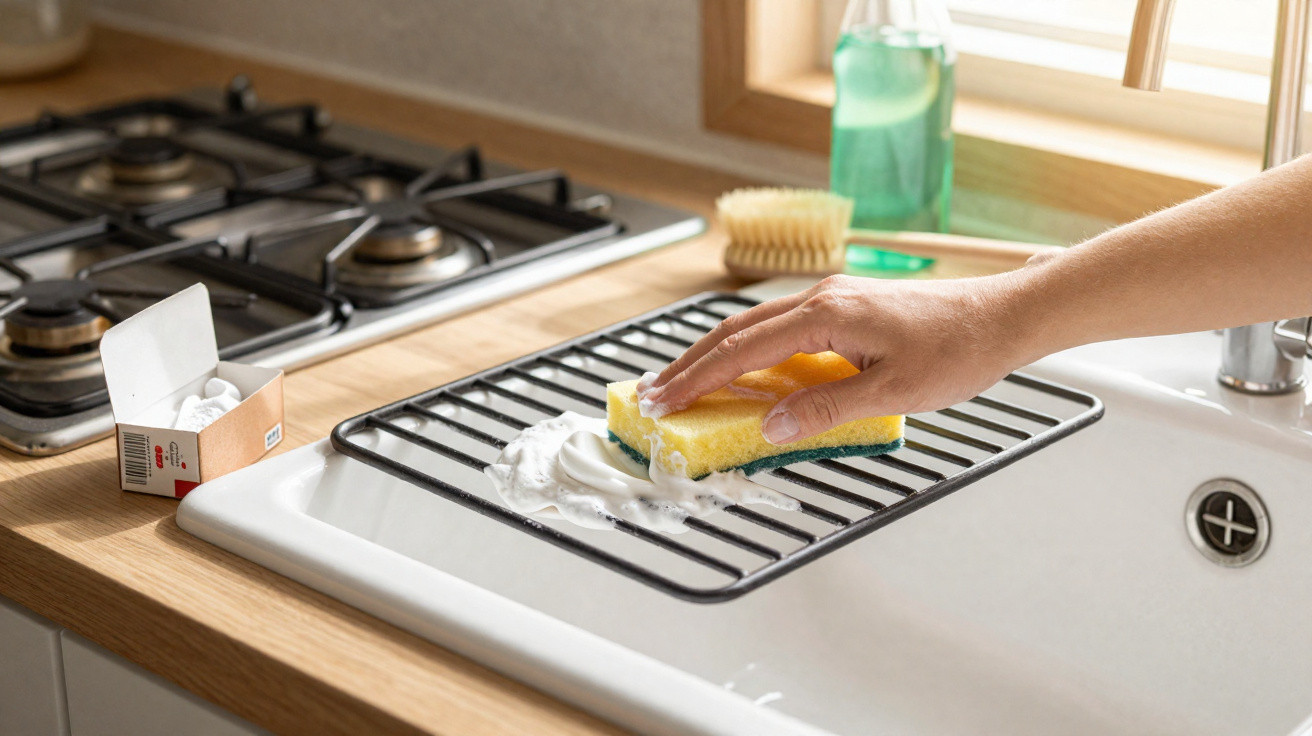 Hand scrubbing a white kitchen sink with yellow sponge and foam, next to gas stove and cleaning brush.