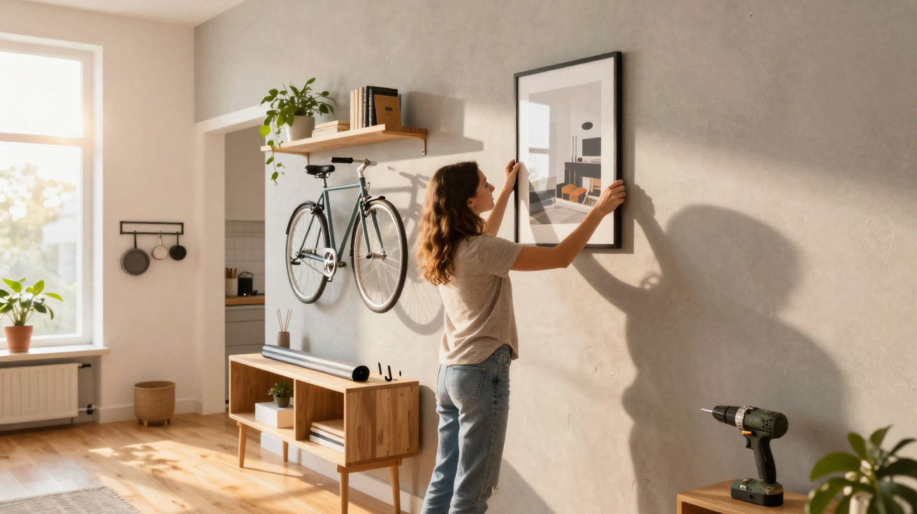 Woman hanging a framed picture on a sunlit wall in a modern, minimalistic living room.