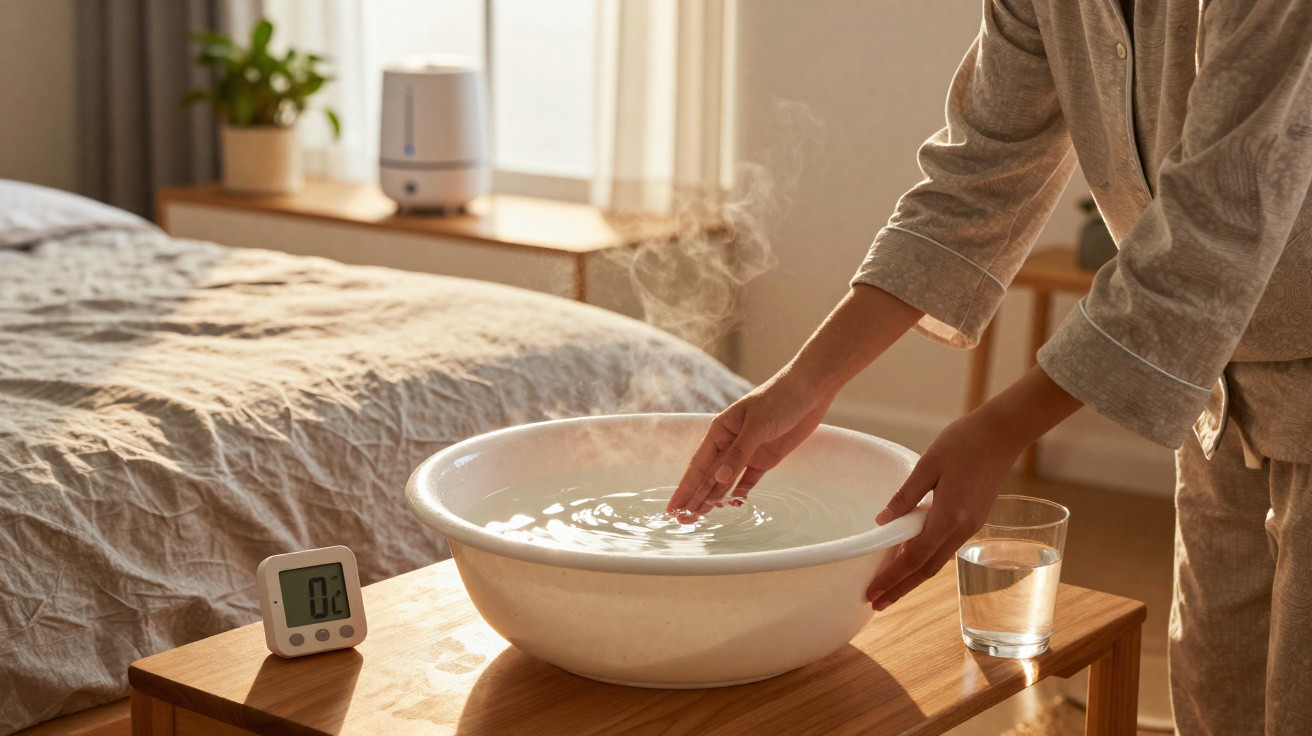Person testing warm water in a steaming white bowl on a wooden table in a cosy bedroom.