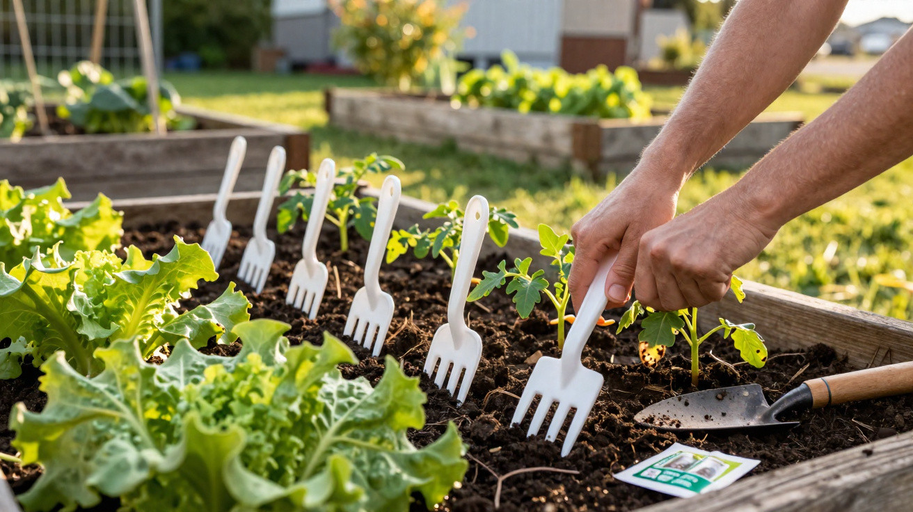 Hands planting seedlings in a garden bed using white plastic forks as markers beside green lettuce and gardening tools.