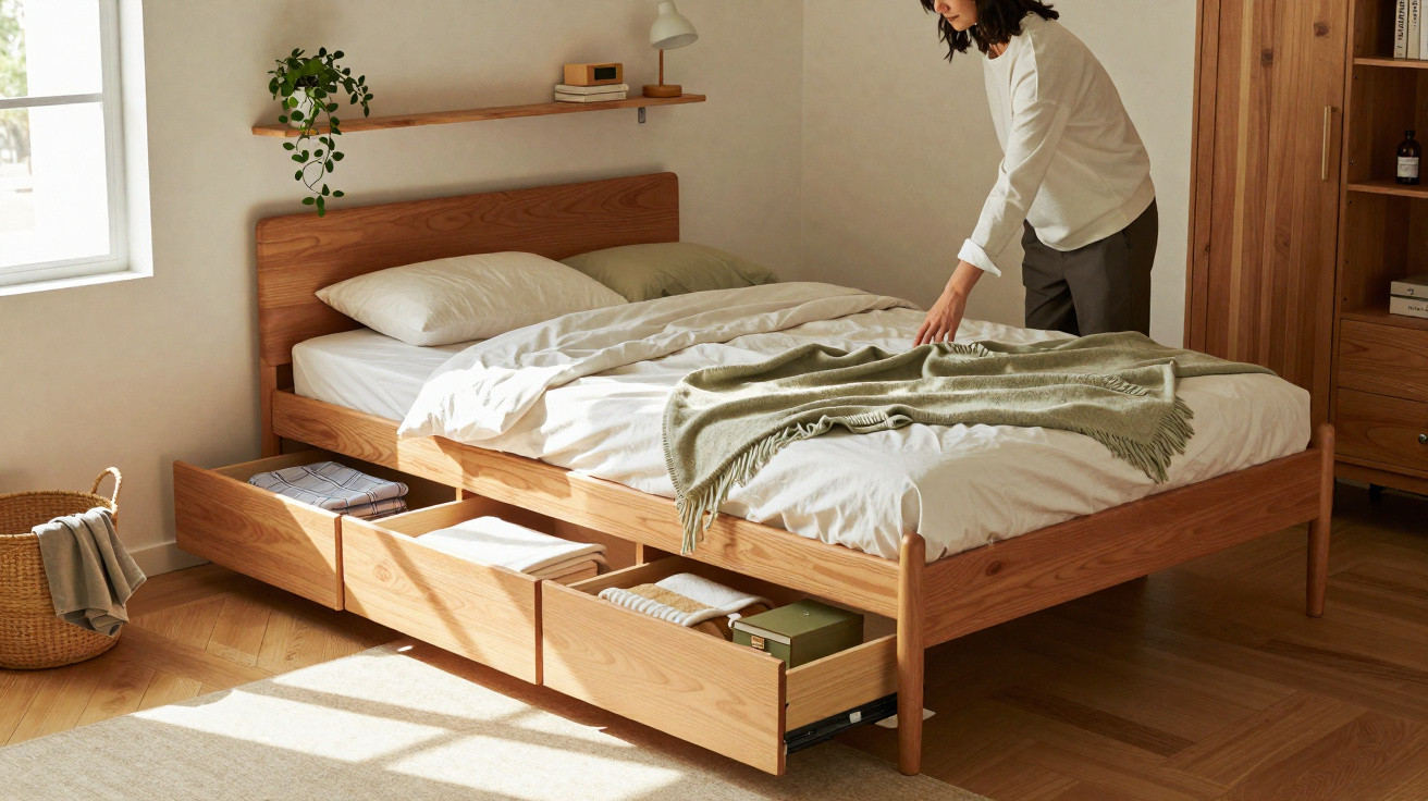 A person making a wooden bed with white sheets and green throw in a sunlit, tidy bedroom.