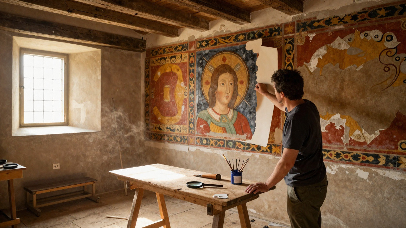 Man unveiling a religious fresco painting on an old wall in a sunlit rustic room.