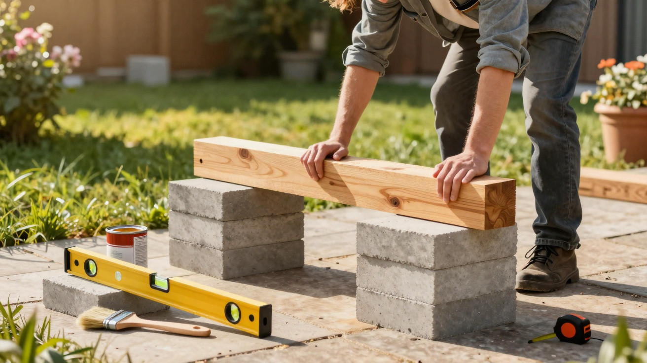 Person positioning a wooden beam on two stacks of concrete blocks outdoors with construction tools nearby.