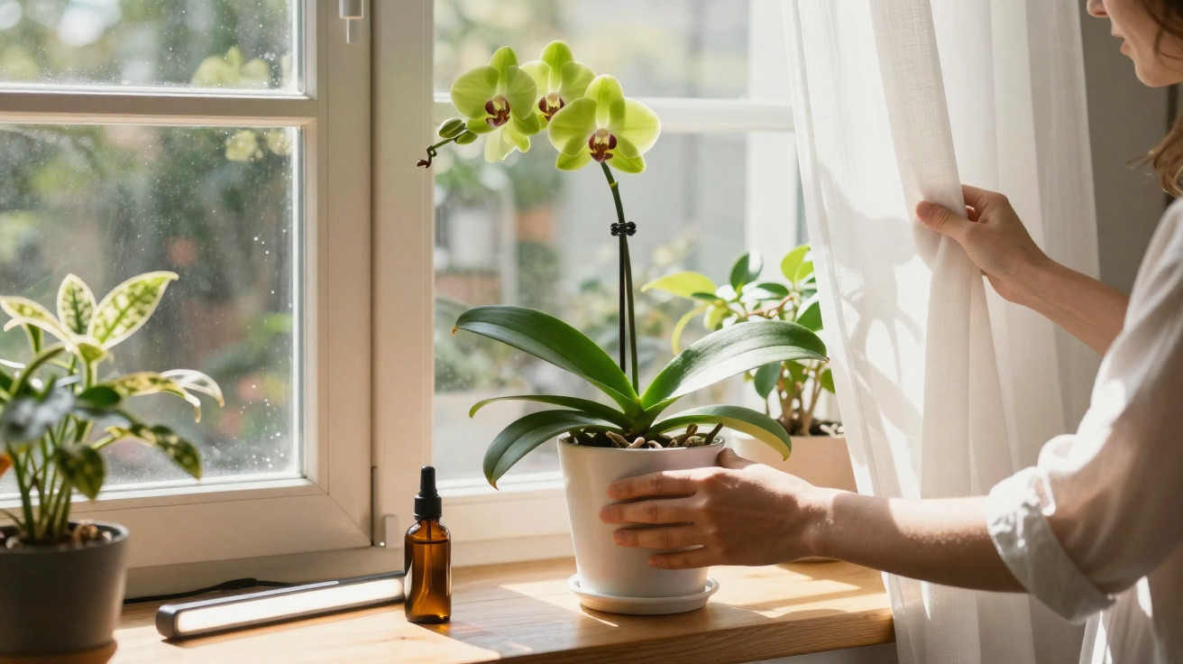 Person adjusting a green orchid plant on a sunlit windowsill with other potted plants and a small bottle.