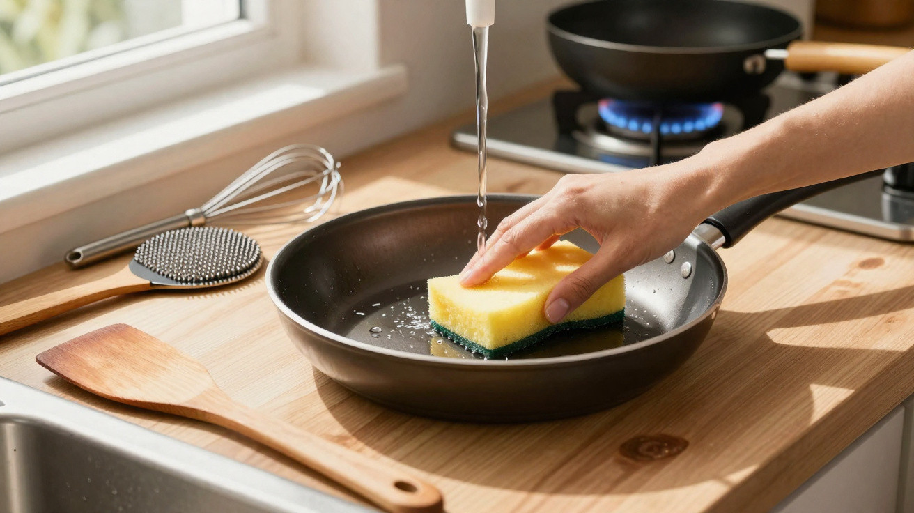 Hand cleaning a frying pan with a yellow sponge under running water on a wooden kitchen countertop.