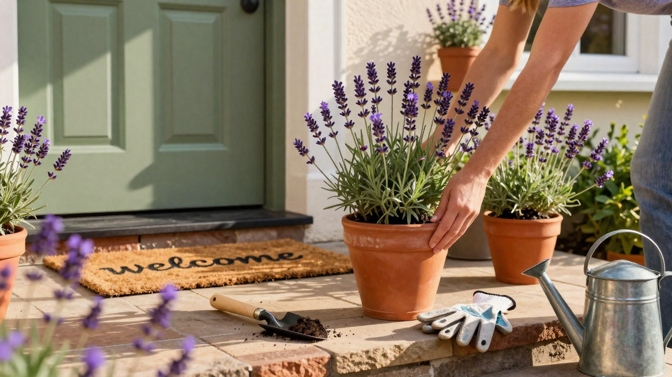 Person placing a terracotta pot with lavender on a doorstep next to gardening gloves and a watering can.