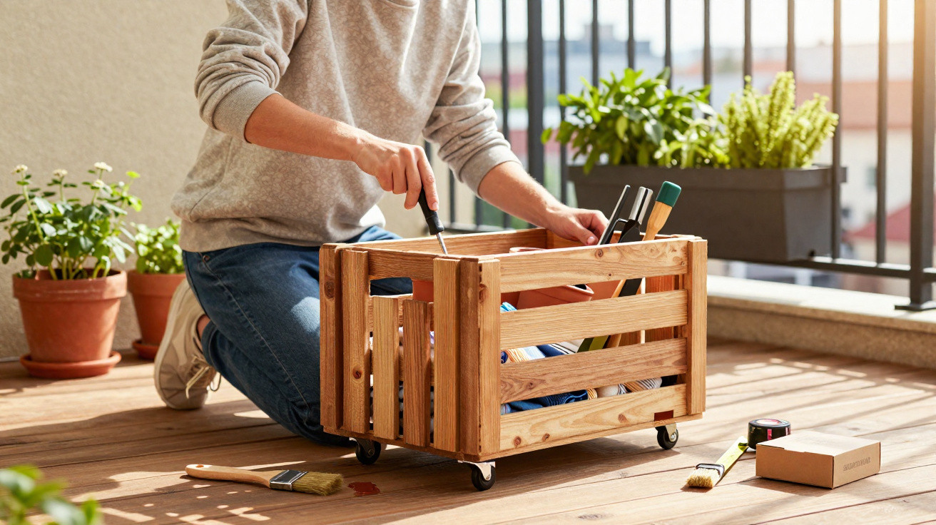 Person assembling a wooden crate on a balcony with plants and tools around on a sunny day.