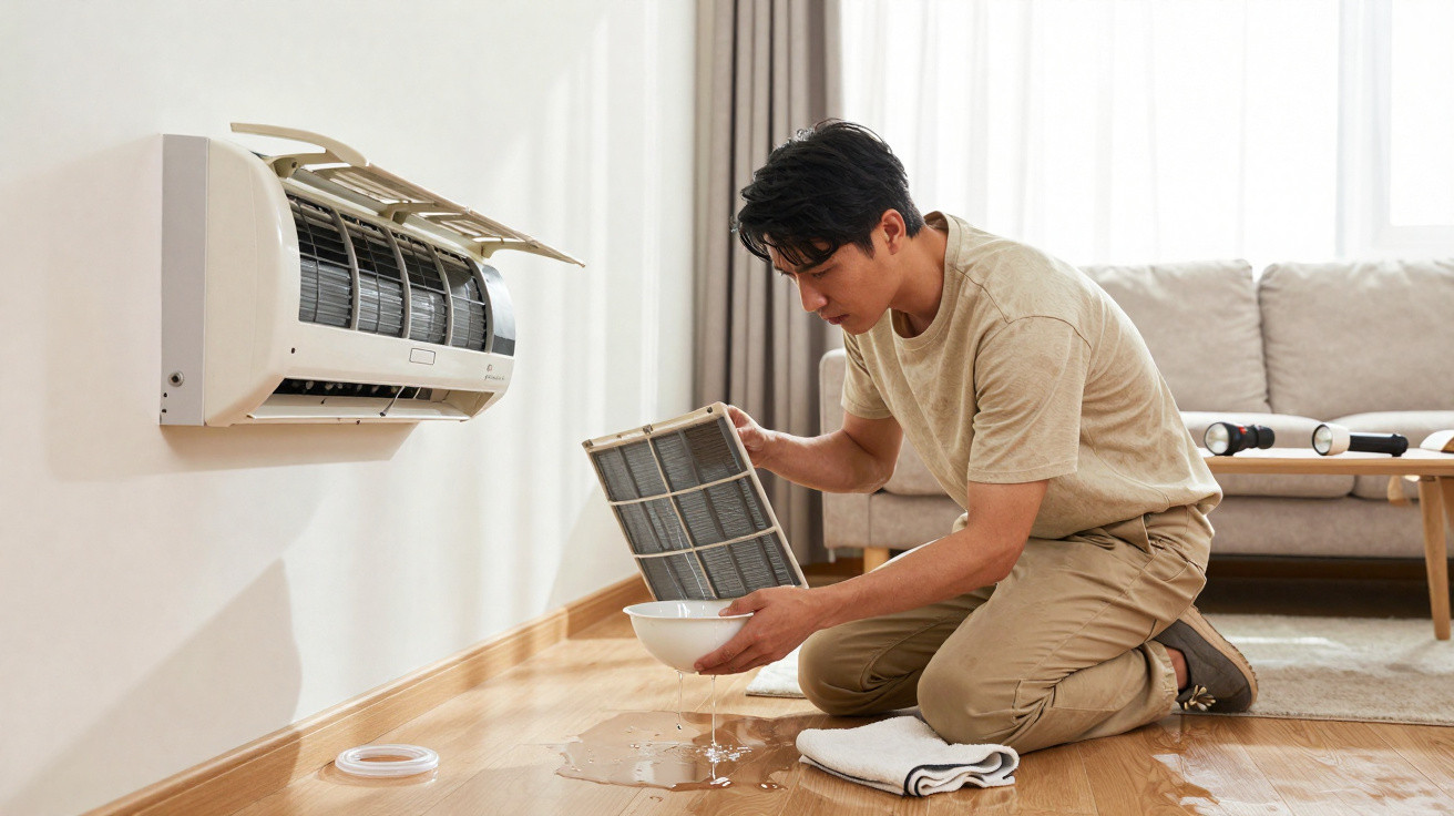 Man kneeling on wooden floor drying water dripping from a detached air conditioner filter into a bowl.