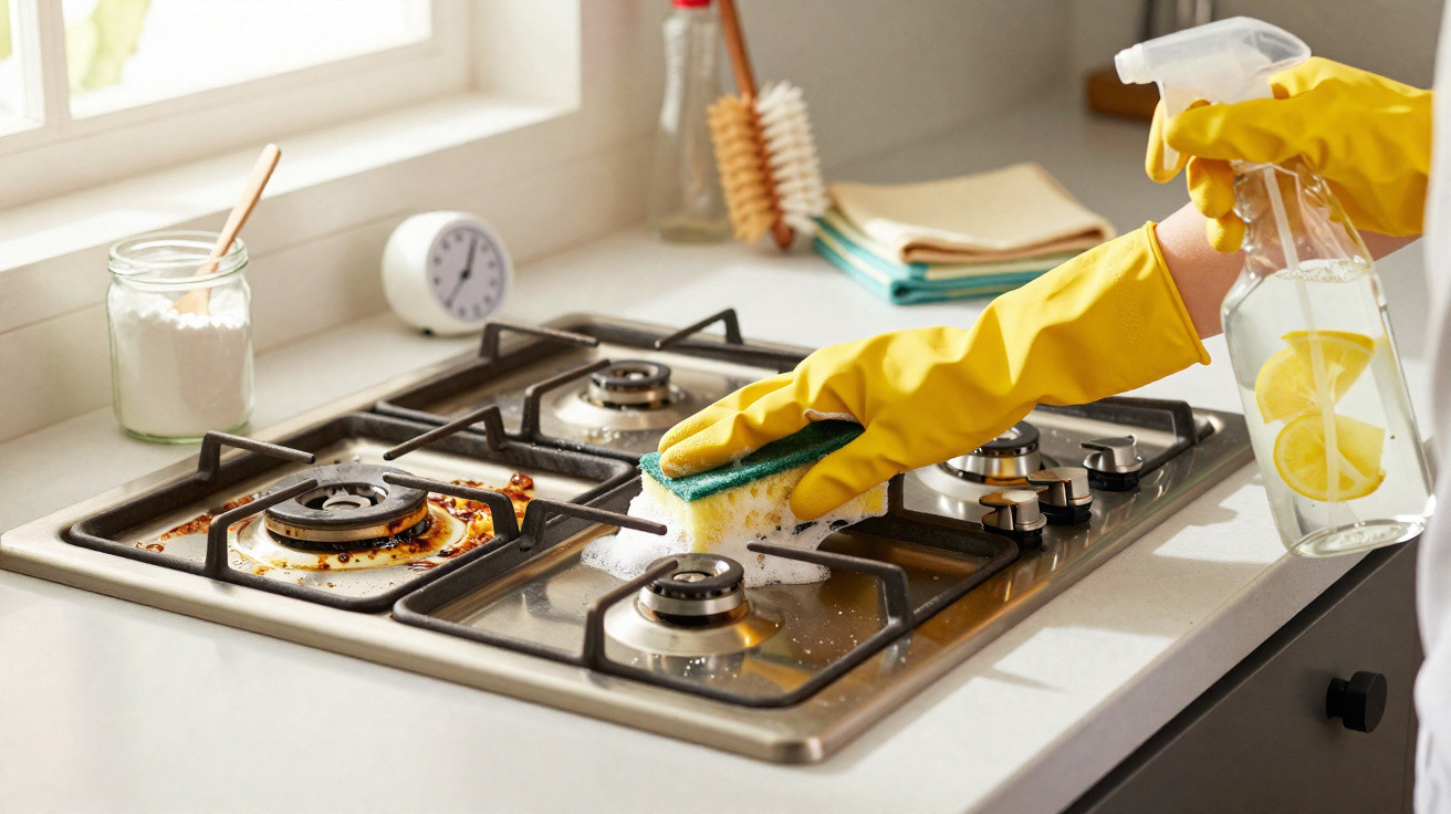 Person wearing yellow gloves cleaning a stained gas stove with sponge and lemon spray in a bright kitchen.