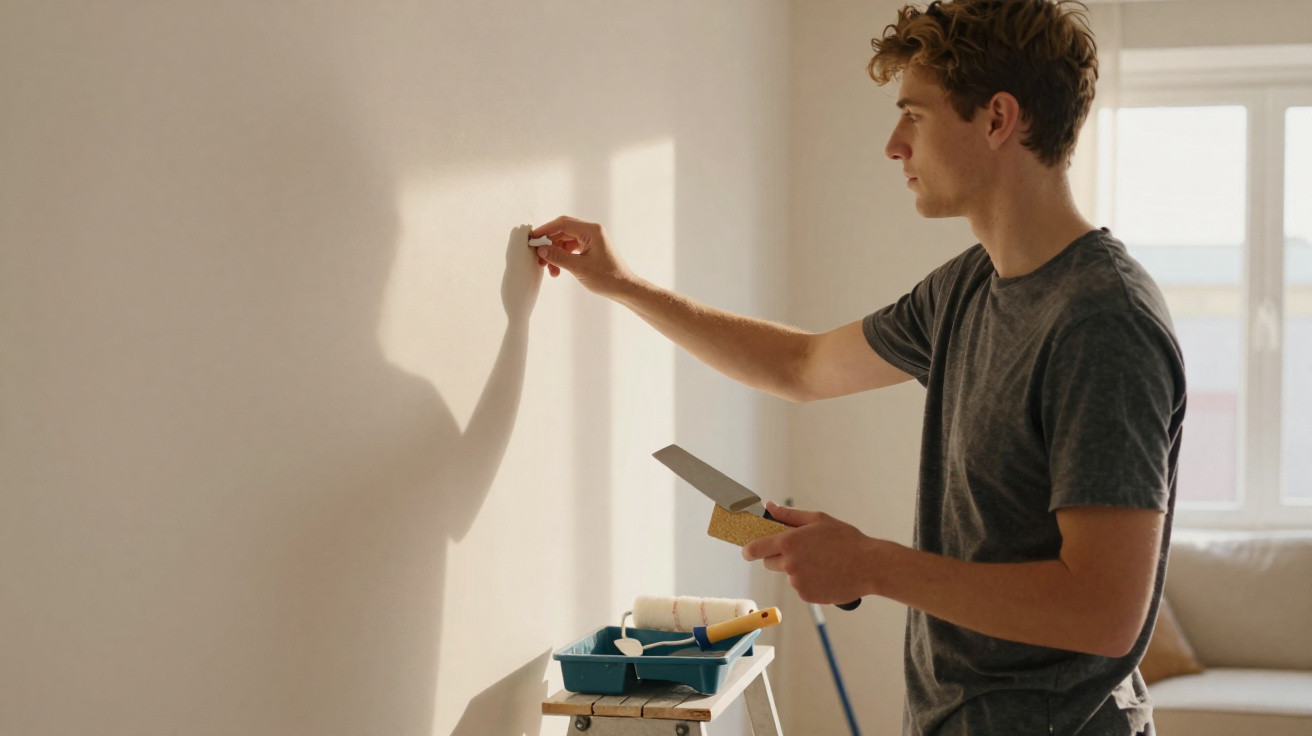 Young man preparing wall for painting with sandpaper in bright room with painting tools nearby
