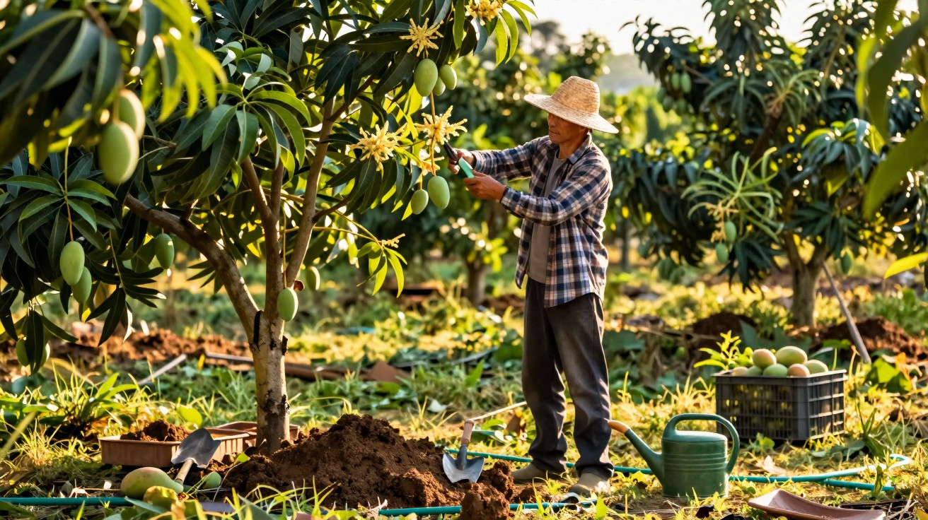 Farmer wearing a straw hat harvesting green mangoes from a tree in a sunlit orchard.