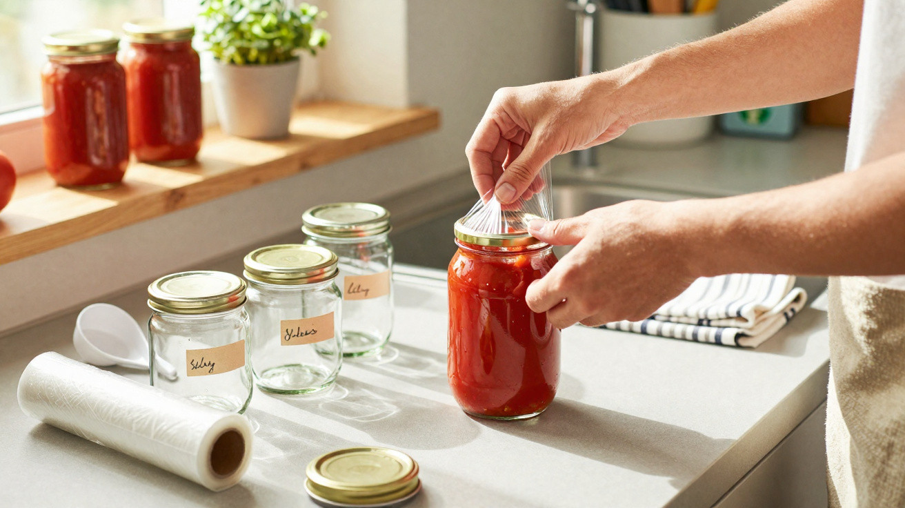 Hands sealing a glass jar filled with homemade tomato sauce on a kitchen countertop next to labelled empty jars.