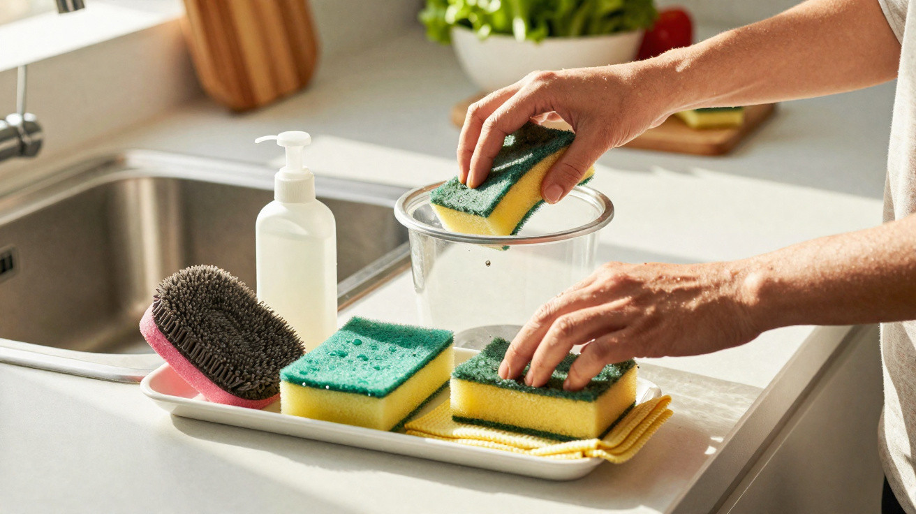 Person holding a green and yellow sponge over a glass bowl with cleaning supplies on a kitchen counter.