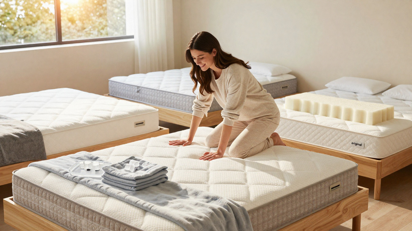 Woman kneeling on a mattress in a bright showroom with multiple beds and bedding accessories.