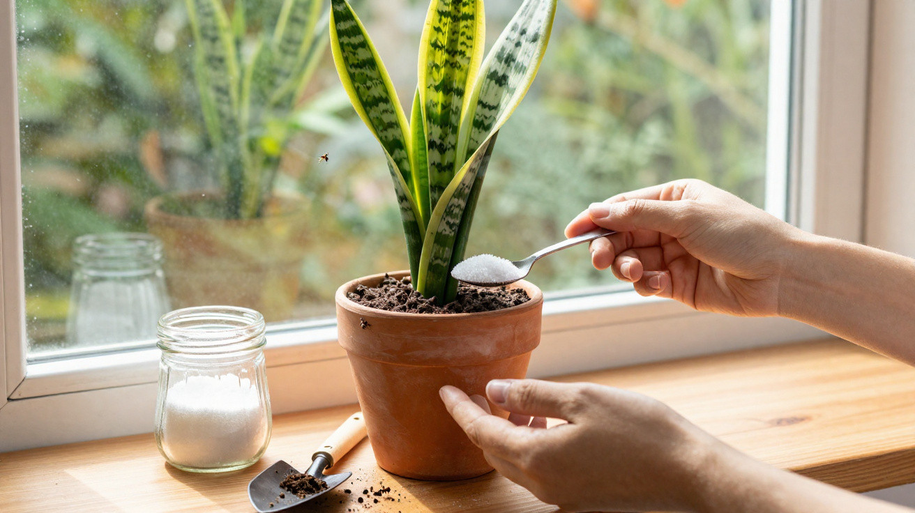Hands sprinkling white powder onto a potted snake plant on a windowsill with gardening tools nearby.