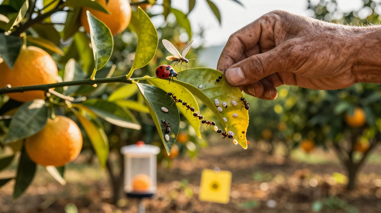 Hand holding a leaf on an orange tree with ants, a ladybird, and a flying insect in an orchard.
