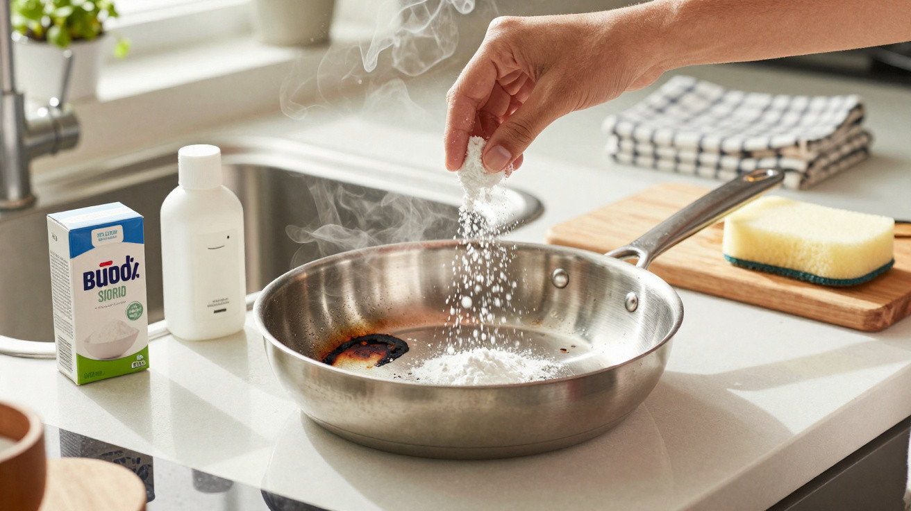 Hand sprinkling baking soda into a smoking stainless steel pan on a white kitchen counter.