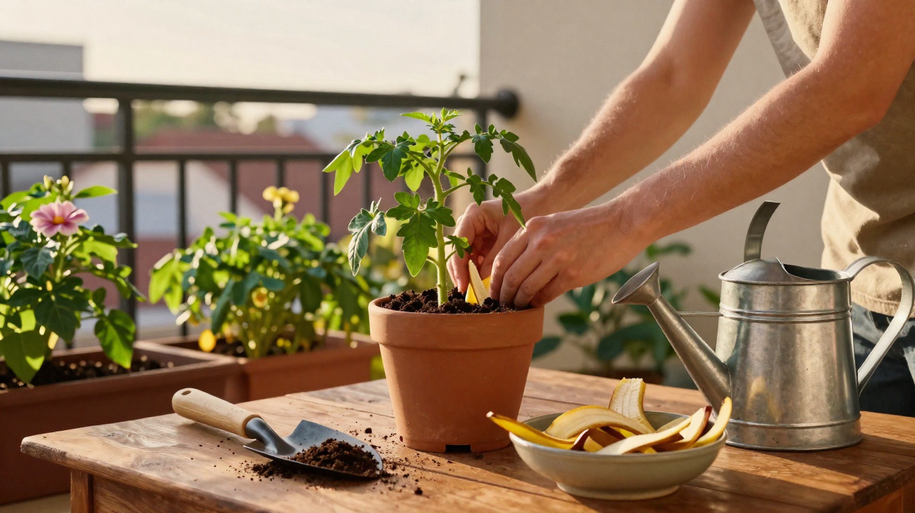 Person placing banana peel pieces into soil of a potted plant on a wooden table with gardening tools nearby.