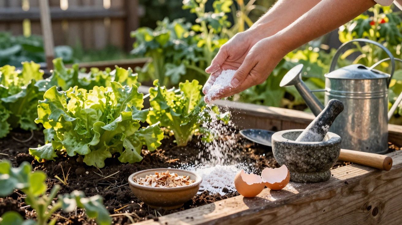 Hands sprinkling white powder fertilizer on soil in a wooden garden bed with lettuce and gardening tools nearby