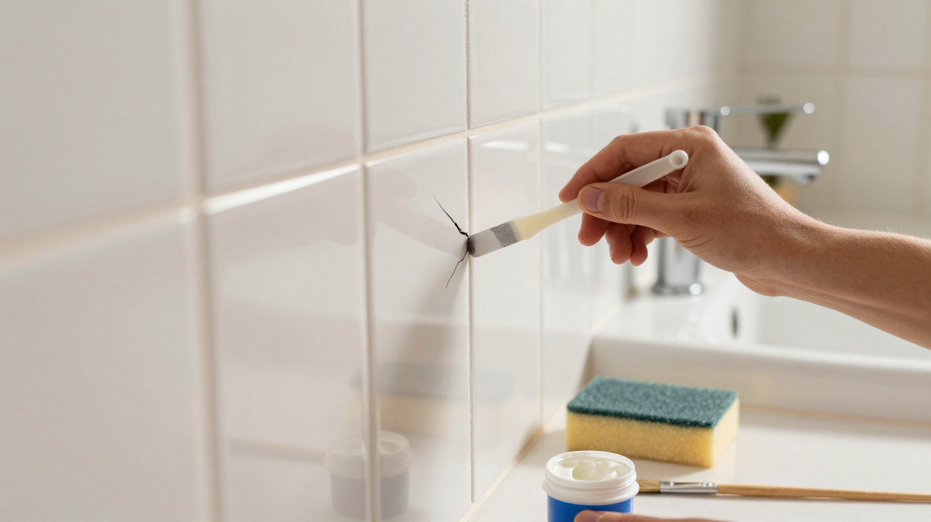 Hand removing a spider from a tiled bathroom wall using a paintbrush near a sink and sponge.