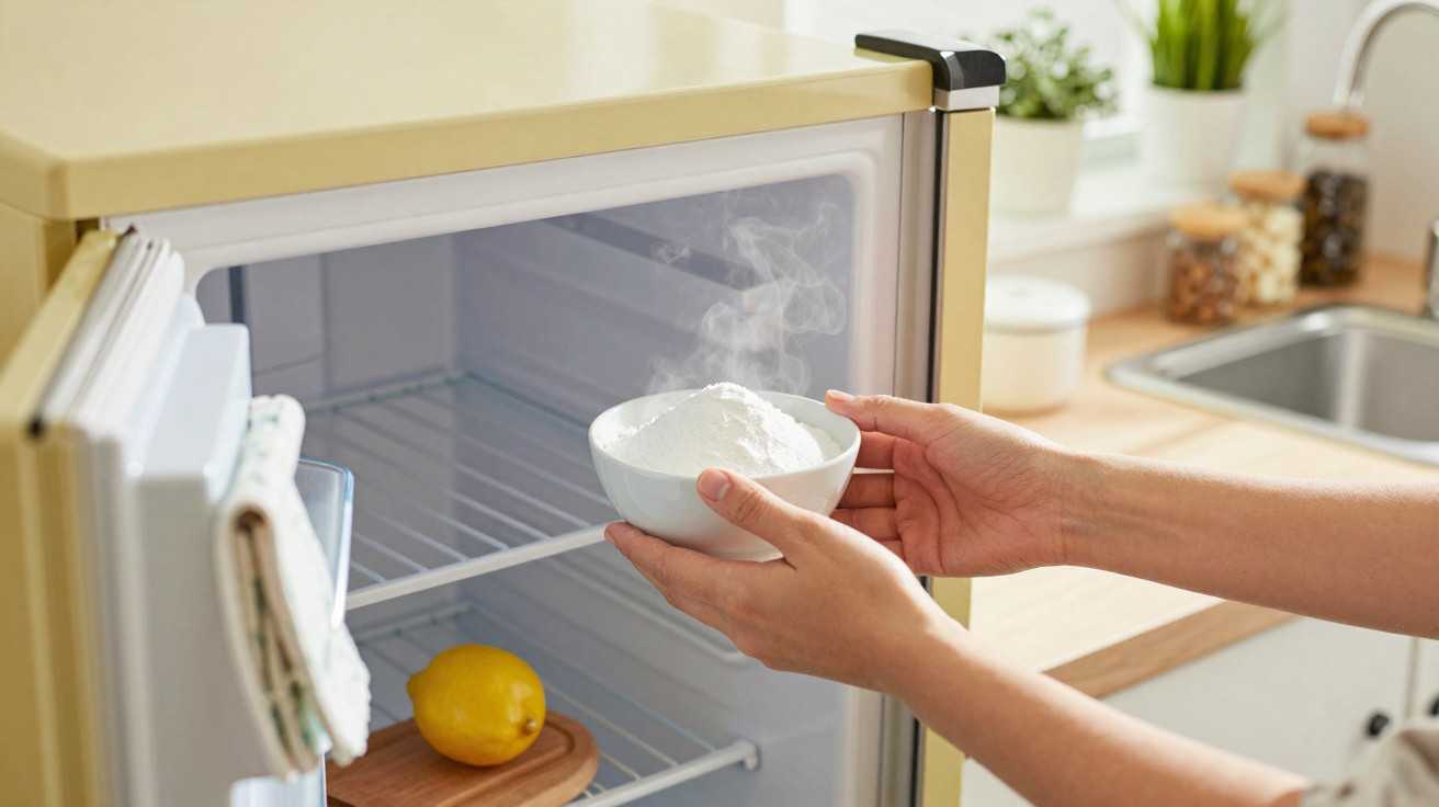Hands holding a steaming white bowl placing it inside a fridge with a lemon on the shelf.